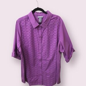 Catherines Womens Cotton Roll Tab Sleeve Eyelet Button Down Stretch Top Size 1X
